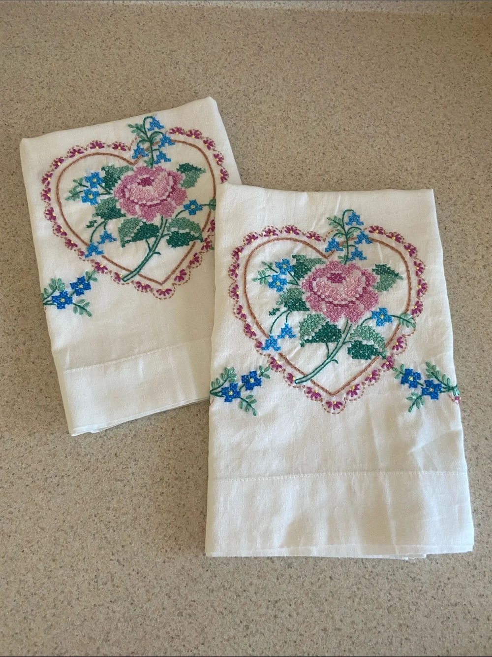 Vintage Hand Embroidered Rose Heart Pillowcases Pair